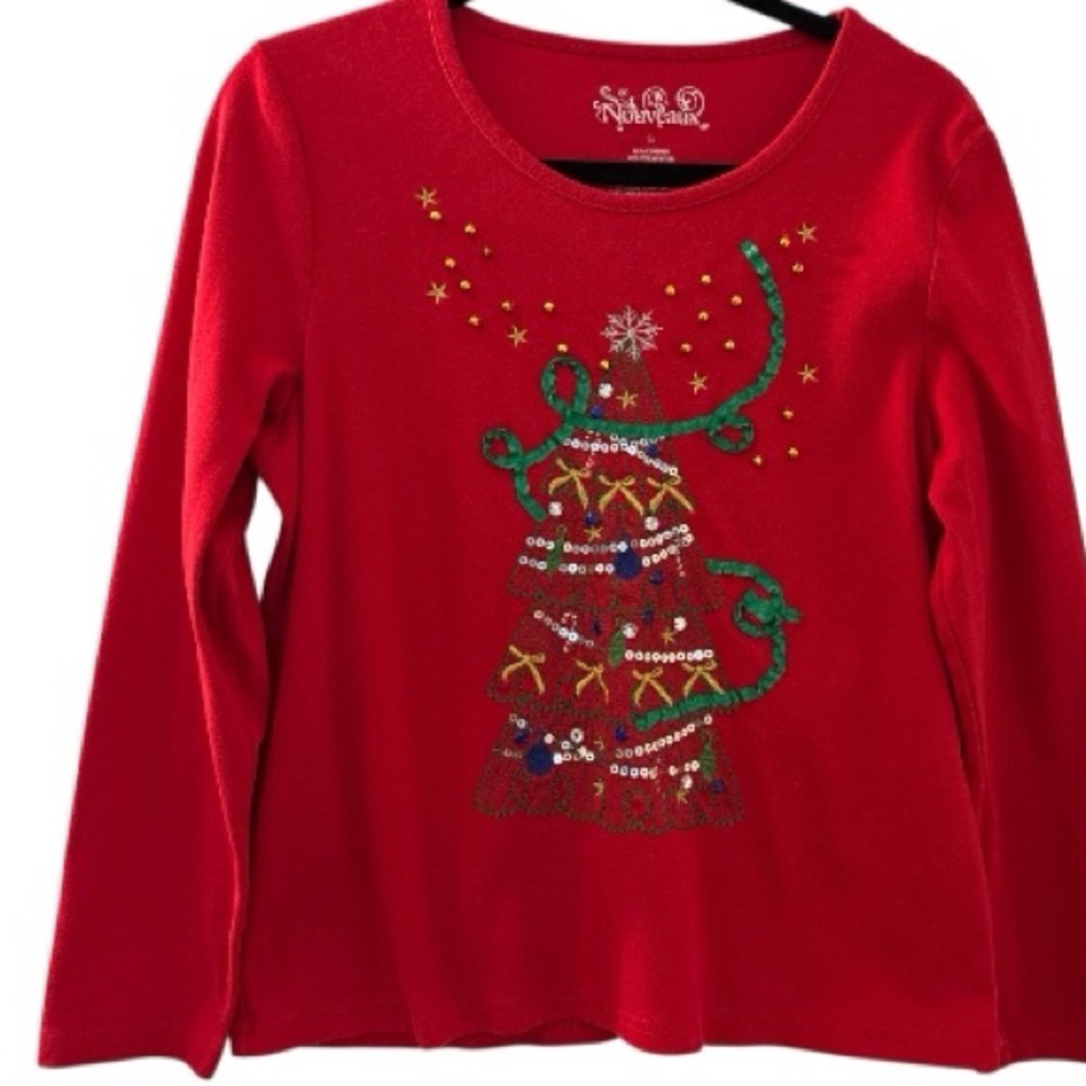 NOUVEAUX Christmas tree knit top,red,SZ Large, sequins, embroidery,cotton blend